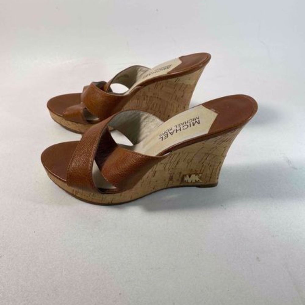 Michael Michael Kors Leather Sandals Brown Criss Cross Strap Cork Wedge Platform - Picture 3 of 6